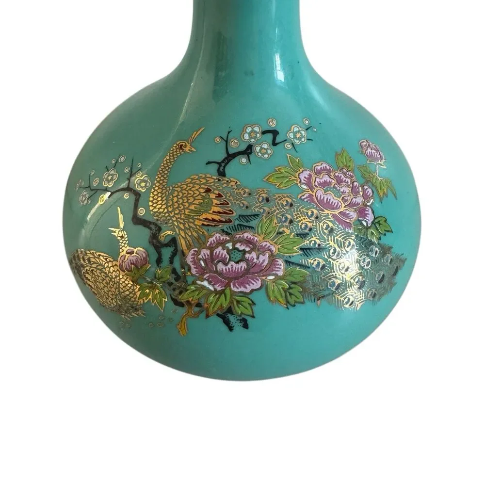 Vintage Vase Hand-painted Peacock & Flowers‎ Expressly For Bamberger's Japan